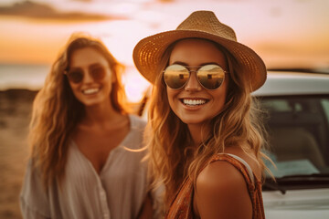 Women friends, portrait and car trunk on road trip, beach or relax on holiday for sunset with smile. Woman, outdoor and friendship happiness, ocean vacation or sunglasses for summer sunshine together