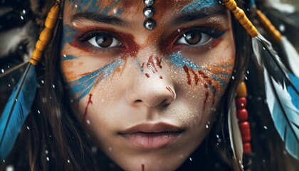 Native American wear, woman. Striking low-key image, radiant colors, portrait. Beautiful illustration picture. Generative AI