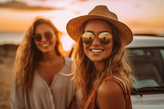 Women friends, portrait and car trunk on road trip, beach or relax on holiday for sunset with smile. Woman, outdoor and friendship happiness, ocean vacation. Image generated by artificial intelligence