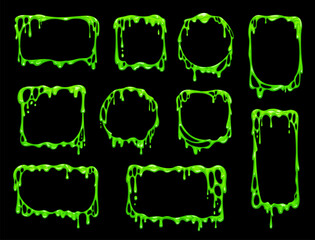 Cartoon green slime frames. Halloween holiday creepy background, vector spooky round, square and rectangle frames with flowing and dripping goo, poisonous liquid, green paint or slime - obrazy, fototapety, plakaty