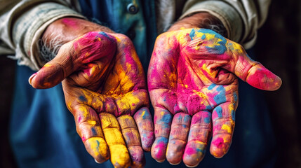 Artistic hands, Covered in vibrant colorful dust, weave a tale of creativity as they skillfully craft the latest masterpiece, each stroke telling a story. Generative AI