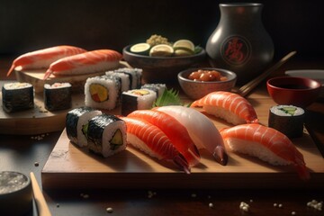 Illustration of various sushi ingredients for classic nigiri. Seamless. Generative AI
