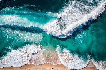 Fototapeta premium Aerial view of turquoise (blue) ocean wave. Generated by AI