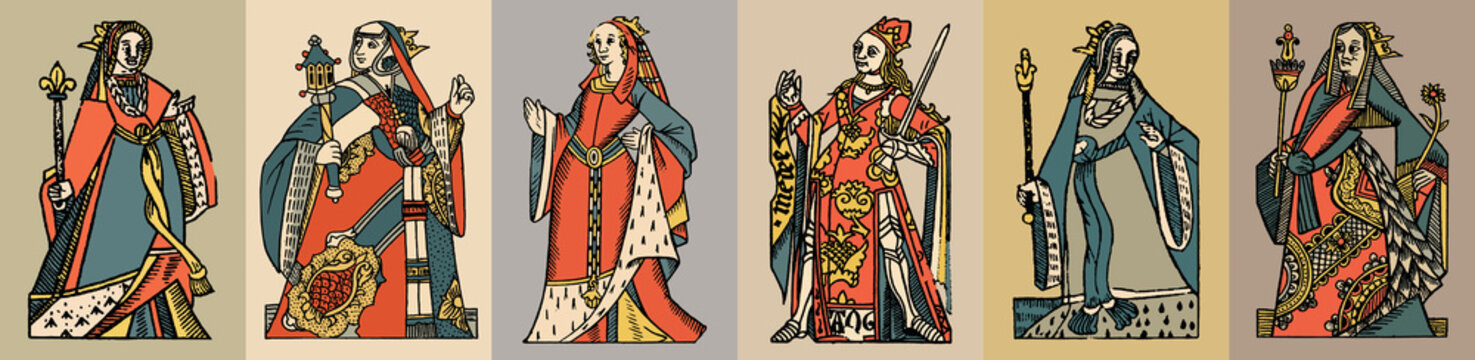 Set of hand drawn vector illustrations in the style of antique lady.