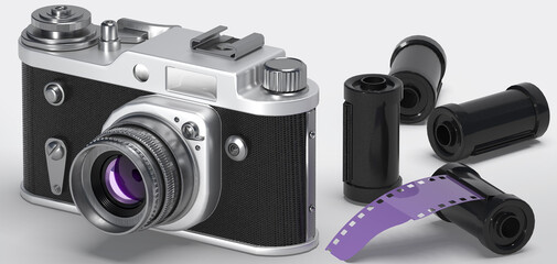 Retro film camera and cassettes with photo film on white background. 3D illustration