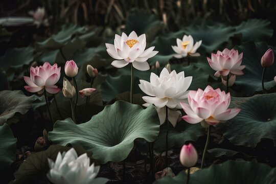 A garden of white and pink lotus flowers with water, lilies, and high cloisonne figurative nymphaea lepra. Generative AI