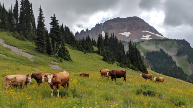 Cows Grazing on Wildflower Meadow with Snowy Peaks. Generative AI