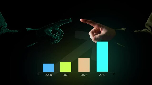 Yearly inflation increase comparison with two hands connecting under the animated infographics. Price increment over the 4 years affecting economics and consumers globally. Abstract economy concept