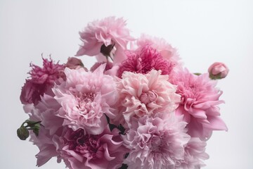 Pink flowers arranged into a bouquet with a white backdrop. Generative AI