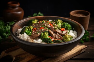 Delicious beef and vegetable stir fry with steaming white rice in a bowl. Generative AI