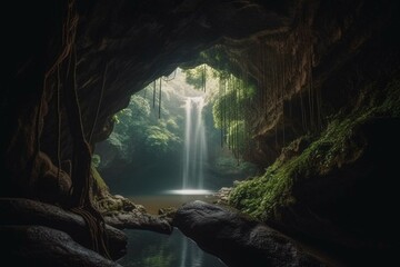A waterfall cascades through a cave with a bridge spanning its center. Generative AI