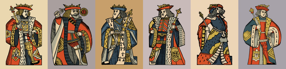 Medieval king characters in vintage style. Set of colorful vector illustrations.