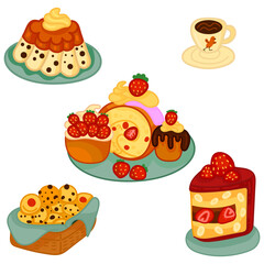 Delicious desserts, pastries, cupcakes, and chocolate slices. Set of colorful cartoon vector illustrations isolated on white background.
