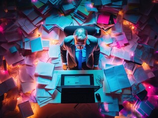 Stress at work. An overhead shot of a stressed business man surrounded by stacks of paperwork. Generative AI