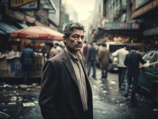 Stress at work. An environmental portrait of a stressed business man standing in a bustling city street. Generative AI