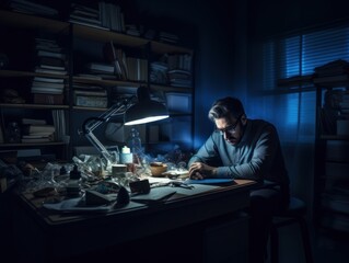 Stress at work. Photo of a stressed business man sitting at his desk. Generative AI