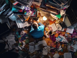 Stress at work. An overhead shot of a stressed business man surrounded by stacks of paperwork. Generative AI - obrazy, fototapety, plakaty