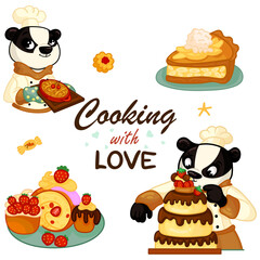 Cute character pastry chef and collection of cakes, sweets, cookies hand-drawn in vector and isolated on a white background. Collection of hand-drawn confectionery element