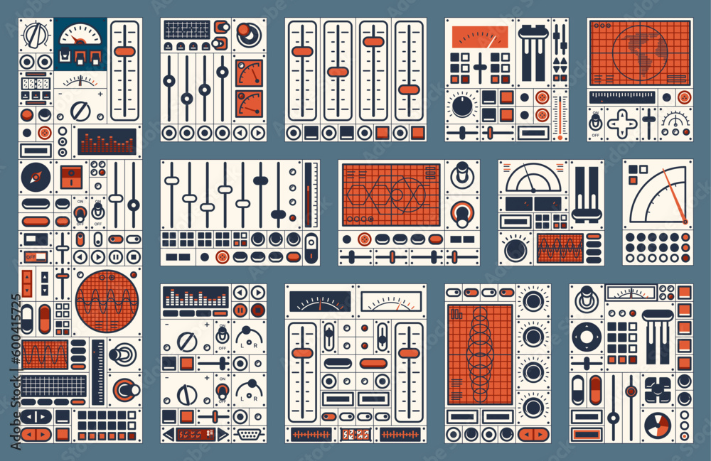 Poster Retro dashboard. Control panel dial, switch, knob, buttons. Spaceship console with old computer screens, vector ship instrument panel or airplane cockpit with displays and gauges, indicators, levers