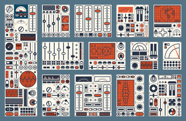 Retro dashboard. Control panel dial, switch, knob, buttons. Spaceship console with old computer screens, vector ship instrument panel or airplane cockpit with displays and gauges, indicators, levers