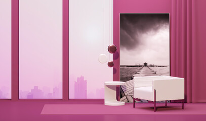 Viva magenta is a trend colour year 2023 in the living room. Interior of the room in plain monochrome dark pink color with furnitures and chair, plant pot. 3d render	