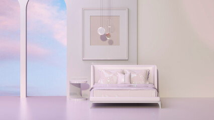 Abstract panoramic background. Fantastic landscape with dream bed and pastel gradient sky. Wall and picture frame installation scene with geometric arch form. 3d rendering.
