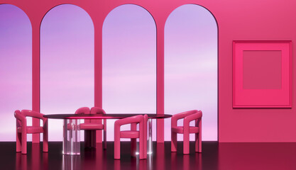 Abstract panoramic background. Fantastic landscape with glass wall table dinner and gradient sky. Wall and frame installation scene with geometric arch form. 3d rendering.
