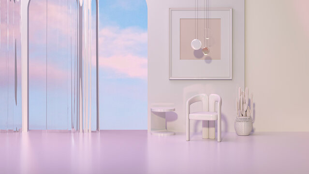 Abstract panoramic background. Fantastic landscape with armchair and pastel gradient sky. Wall and picture frame installation scene with geometric arch form. 3d rendering.
