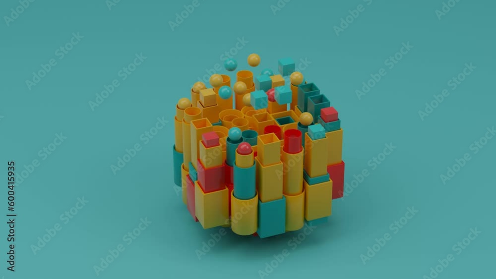 Poster loop 3d animation of a set of many round and square pipes and balls with cubes that fly out and retu