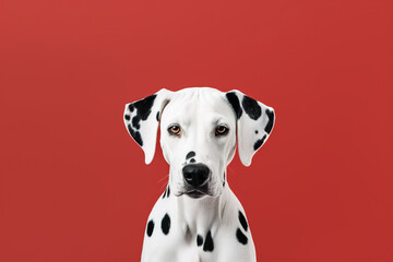 Dalmatian dog head against red wall, Generative AI