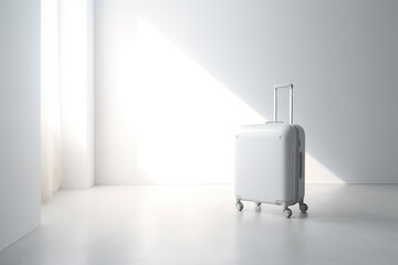 Fototapeta na wymiar Single white suitcase in the empty white room, Generative AI