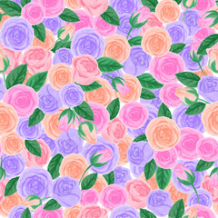 Fototapeta na wymiar watercolour bright roses in seamless pattern, beautiful pattern for woman wear, baby wear, fabric, textile, wallpaper