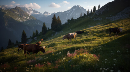 Fototapeta na wymiar Alpine Grazing: Cows on a Wildflower Meadow. Generative AI