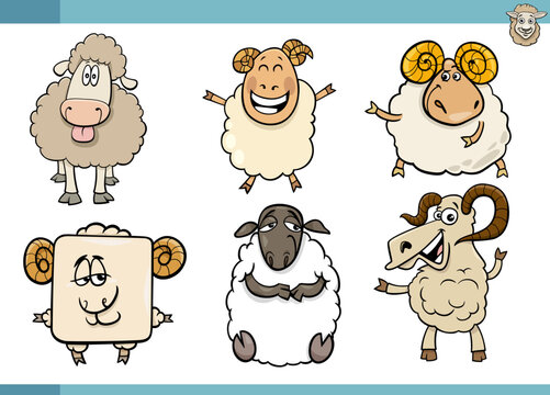 cartoon sheep farm animals comic characters set