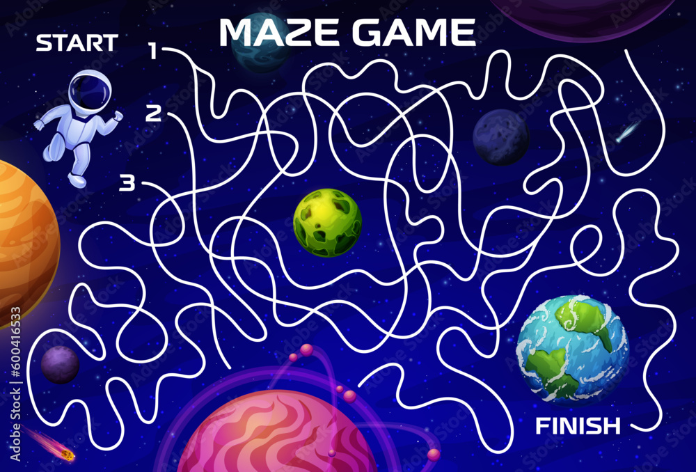 Aufkleber cartoon space labyrinth maze. help to astronaut find the earth planet vector game puzzle quiz. find 