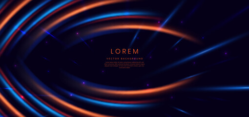 Abstract neon light curved orange and blue on dark blue background. You can use for ad, poster, template, business presentation.