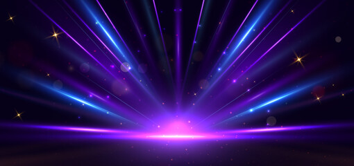 Abstract blue and purple light rays on black background with lighting effect and bokeh. - obrazy, fototapety, plakaty