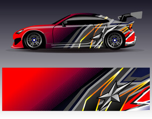 Fototapeta premium Car wrap design vector. Graphic abstract stripe racing background kit designs for wrap vehicle race car rally adventure and livery