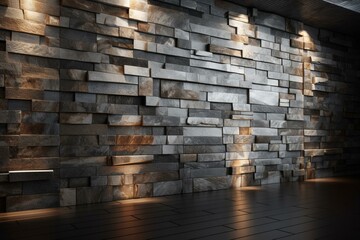 3D natural stone wall with polished rectangular blocks that form a textured tile wallpaper. Rendered image. Generative AI