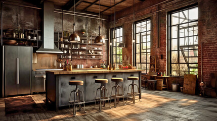 An oversized industrial kitchen island with rough wood textures, exposed brick, metal details, and edgy lighting in Brooklyn's loft architecture, Created with generative Ai Technology.
