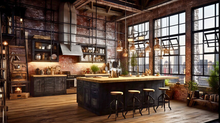 An oversized industrial kitchen island with rough wood textures, exposed brick, metal details, and edgy lighting in Brooklyn's loft architecture, Created with generative Ai Technology.