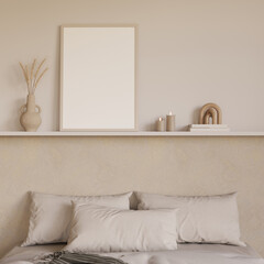 Cozy bedroom design with empty poster frame , mock up , bed , shelf and decor , 3d rendering