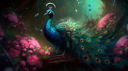 Fototapeta premium Small charming flower peacock in an enchanted forest, in the style of a magical animal, fantasy art.