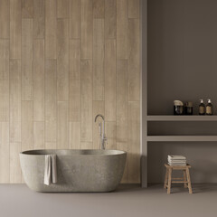 Industrial style bathroom design with bathtub , bath accessories , empty wall mock up , 3d rendering