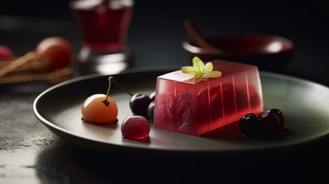 Anmitsu - traditional Japanese dessert made with agar jelly, sweet red bean paste, and fruit, often served with ice cream. Generative AI Art Illustration