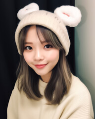A charming young Asian woman with a bright smile wears a cozy sweater and a cute animal knit hat on her head. generative AI.