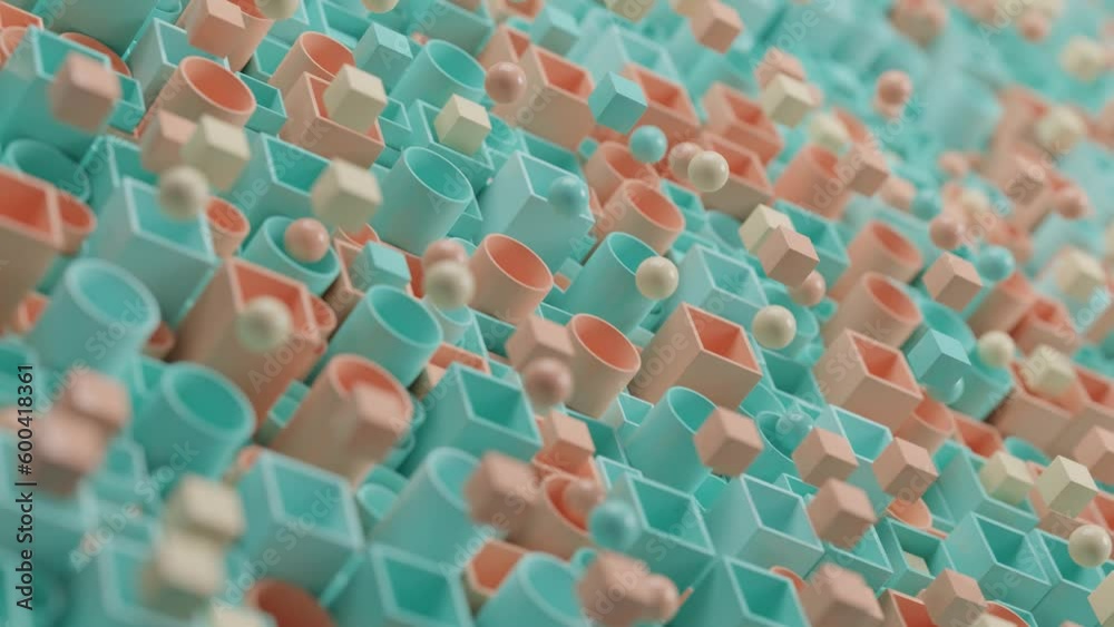 Poster loop 3d animation of a set of tubes of round and square cross-section from which balls and cubes fly