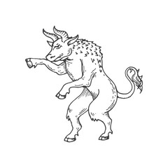 Minotaur medieval heraldic animal sketch. Mythical creature, fantasy minotaur or magic animal medieval coat of arms etching vector symbol. History heraldry sketch emblem with mythology bull beast