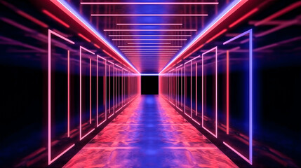 Fototapeta premium The neon light illuminated corridor in the tunnel was an artwork created by generative AI - generative ai