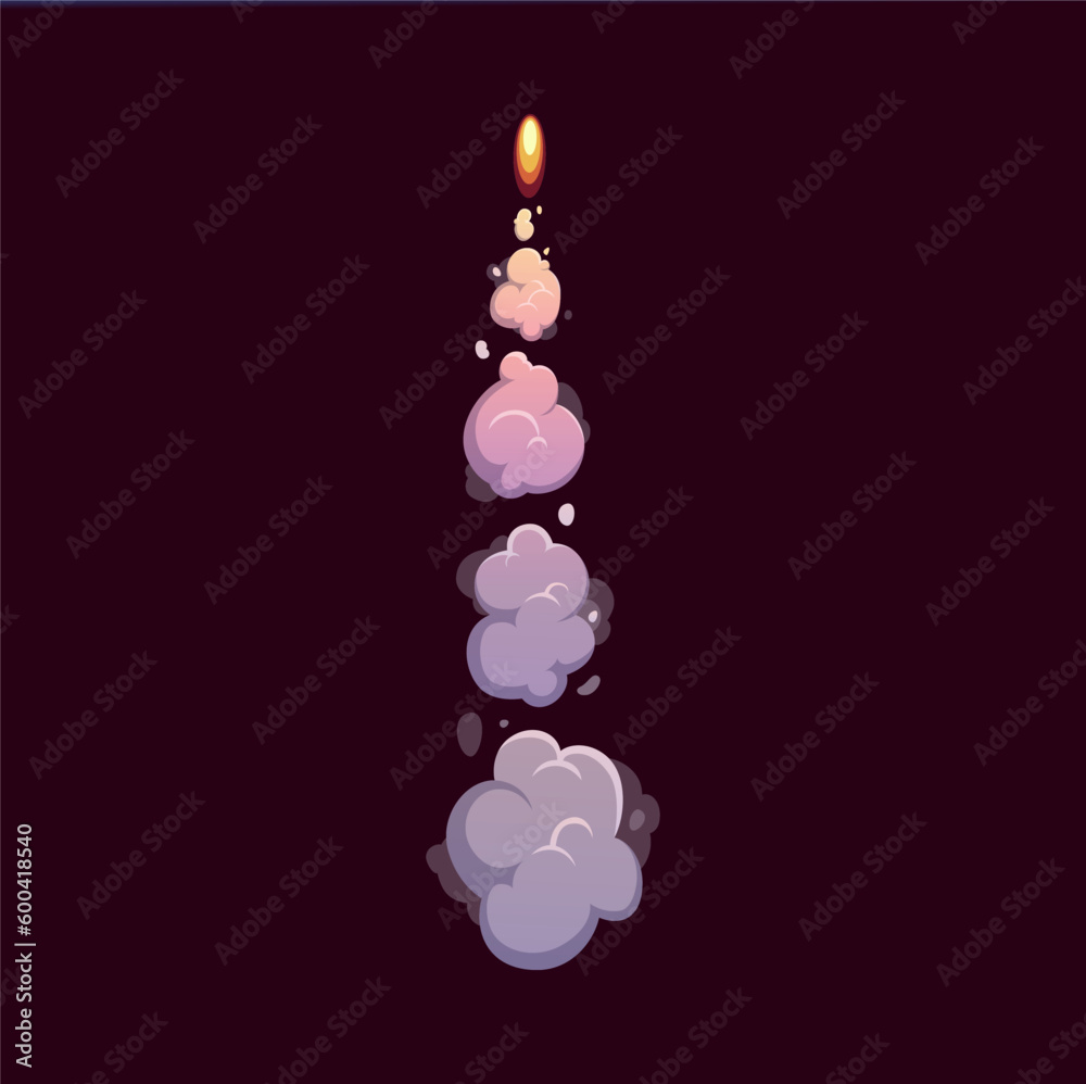 Poster cartoon rocket smoke trail with fire flames and steam clouds. vector spaceship or space shuttle carr